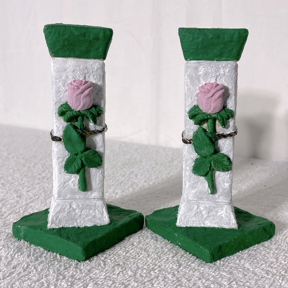 Vintage Hand Made Green White Pink Rose Candle Stick Holders - Picture 1 of 9
